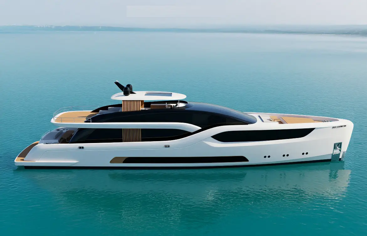 Modern luxury motor yacht on calm turquoise water